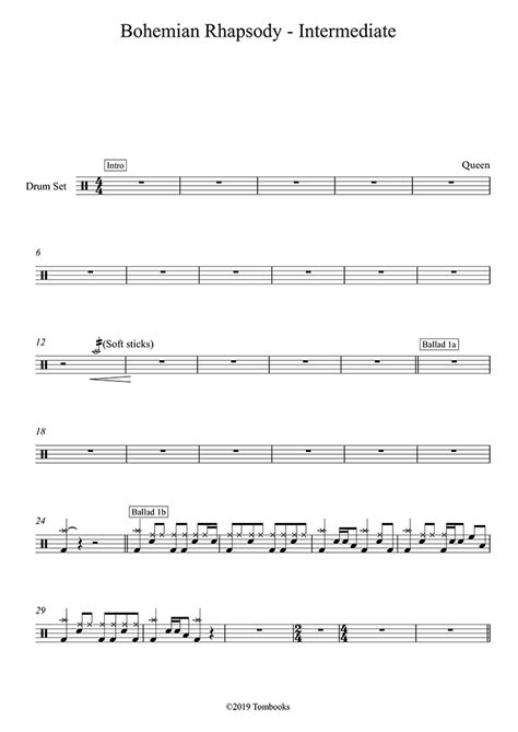 Bohemian Rhapsody Intermediate Level Queen Drums Sheet Music