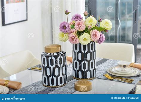 Home Interior Decordining Room Bouquet In Glass Vase Stock Photo