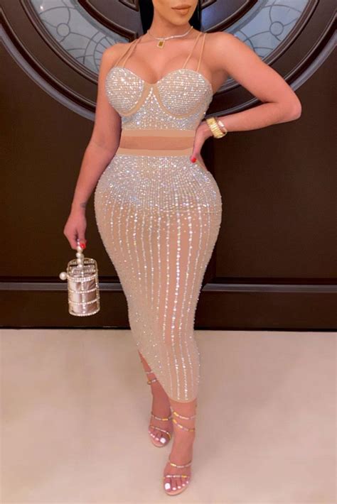 Wholesale Apricot Fashion Sexy Patchwork Hot Drilling Backless Spaghetti Strap Sleeveless Two