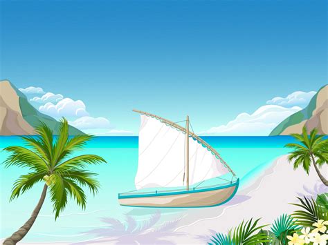 Sunny Seascape With A Boat And Sail On The Shore Palm Trees With