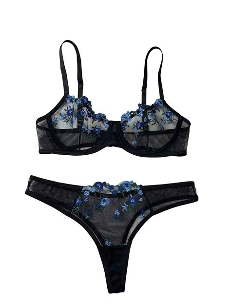 Snapklik Women Sexy Floral Embroidered Mesh Sheer Underwire Push Up Lingerie Set See