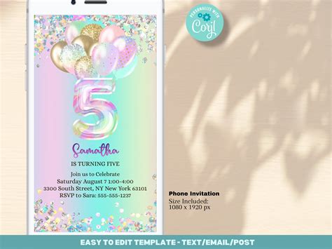 Editable 5th Birthday Invitation Template Glitter Iridescent Invitation Holographic Balloons