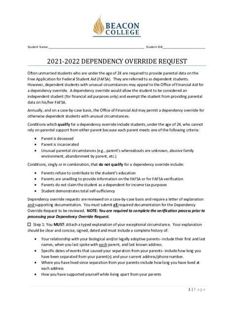 Fillable Online 2021 2022 DEPENDENCY OVERRIDE REQUEST Fax Email Print