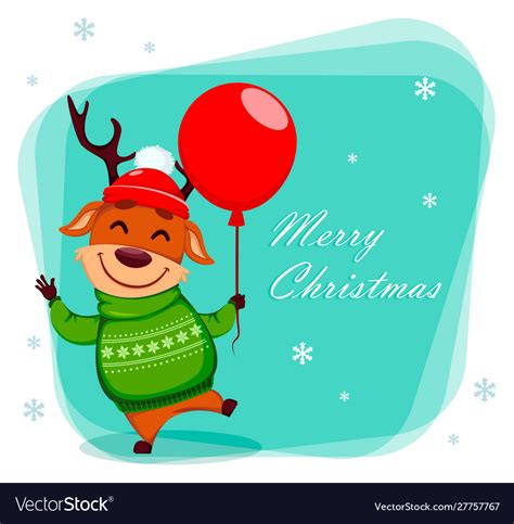 Merry Christmas Greeting Card With Funny Reindeer Vector Image