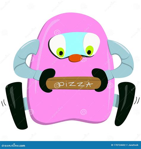 Robot Delivers A Pizza Box. Cute Robot Character Illustration Of