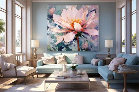 Premium AI Image | A living room with a large painting of a flower on ...