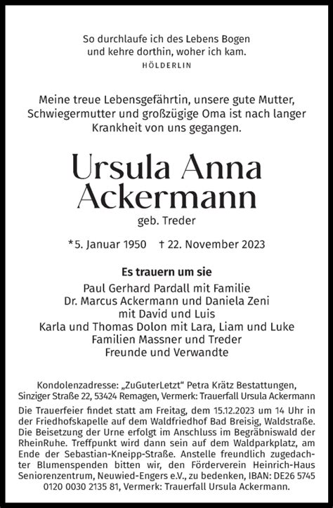 Traueranzeigen Von Ursula Anna Ackermann Rz Trauer De