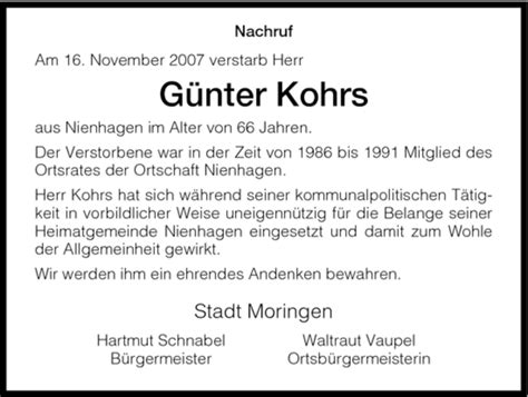 Traueranzeigen Von G Nter Kohrs Trauer Hna De