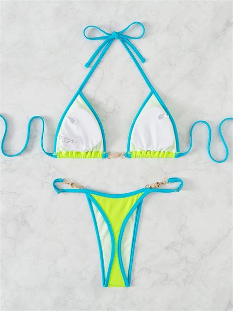 Bañador bikini micro triángulo unido en contraste halter Verde Lima