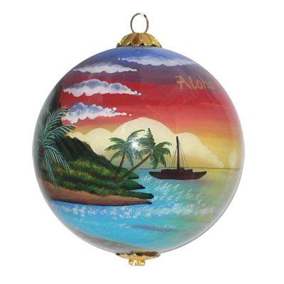 Hand Painted Palm Sunset Glass Ornament Hawaiian Christmas Christmas