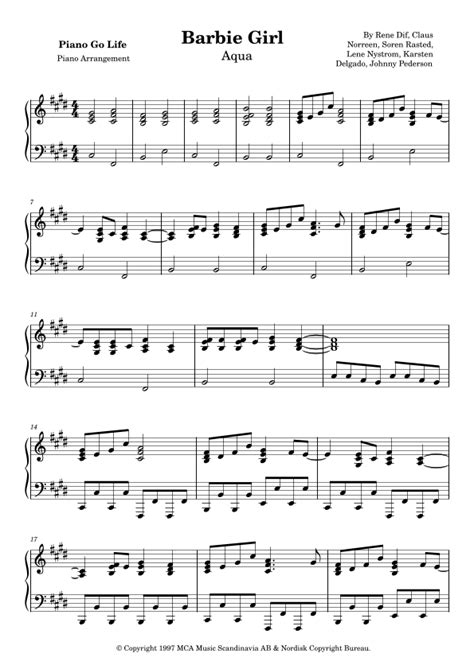 Barbie Girl Arr Piano Go Life By Aqua Sheet Music For Piano Solo At