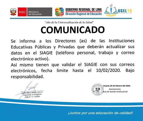 Comunicado a las II EE Públicas y Privadas Actualizar sus Datos en el