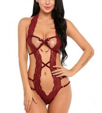 Women Deep V Halter Lingerie Teddy One Piece Bodysuit Lace Babydoll Dark Red Cf Wl A