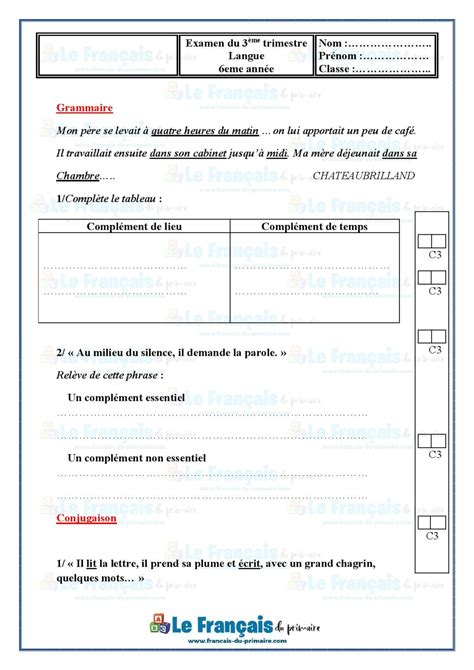 Examen langue 6ème année 3ème trimestre Le français du primaire