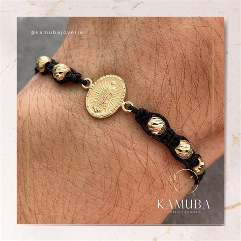 Pulsera Artesanal Oro K Virgen Guadalupe En Negro Kamuba Joyer A