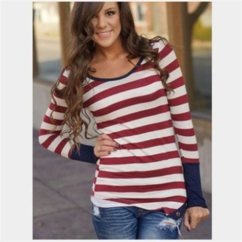 Burgundy White Long Sleeve Striped T Shirt White Long Sleeve Stripe