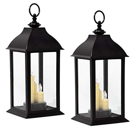 Banberry Designs Decorative Black Lantern Set Of 2 Lanterns With Led Candle And 5 Hour Timers