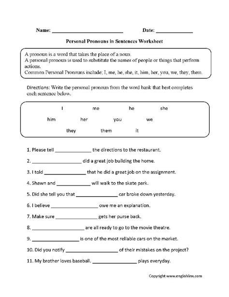 Personal Pronoun Worksheet