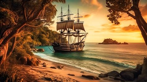 Pirate Ship Sunset Hd