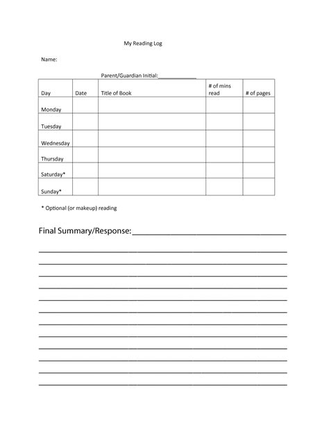 47 Printable Reading Log Templates For Kids Middle School And Adults