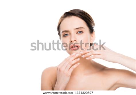 Attractive Nude Woman Touching Chin Pimple Stock Photo 1371320897