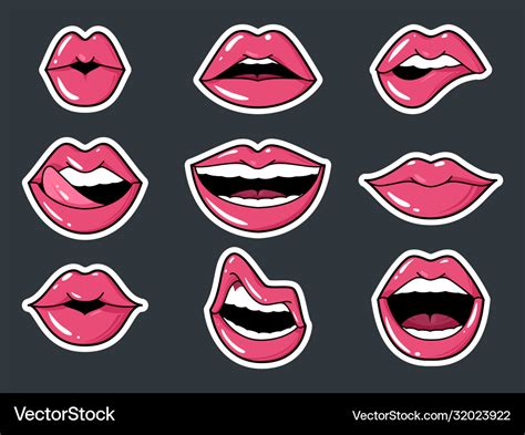 Lip stickers set patch female lips Royalty Free Vector Image