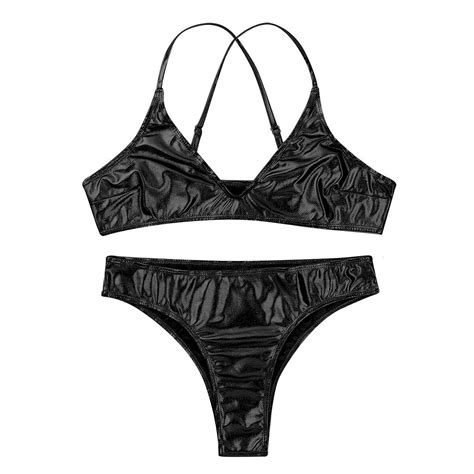 Sexy Women S Bikini Swimsuit Swimwear Thong Briefs Crop Top Set Shiny