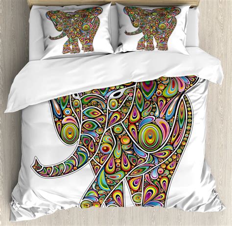 Psychedelic Duvet Cover Set Large Eastern Elephant Figure Trippy