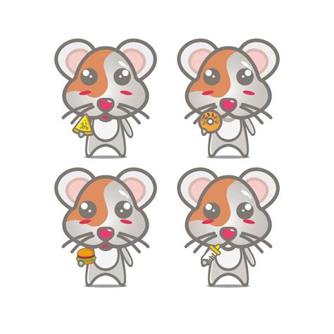 Collection Hamster Sets Holding Food Vector Illustration Flat Style