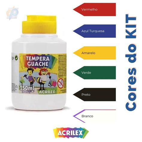 Kit Tinta Guache Acrilex 250 ML 6 Cores PAPEMIX Papelaria E Presentes