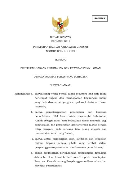 BUPATI GIANYAR PROVINSI BALI PERATURAN DAERAH KABUPATEN GIANYAR NOMOR 8