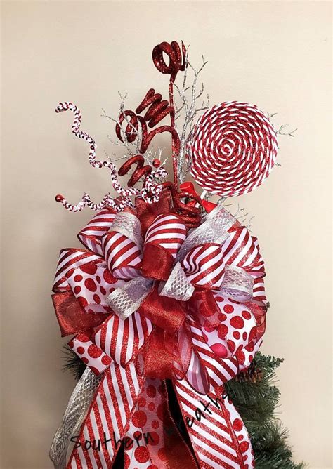 Whimsical Red And White Peppermint Tree Topper Bow