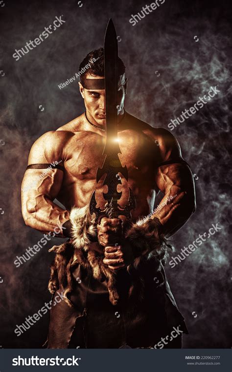 Portrait Handsome Muscular Ancient Warrior Sword Stock Photo 220962277