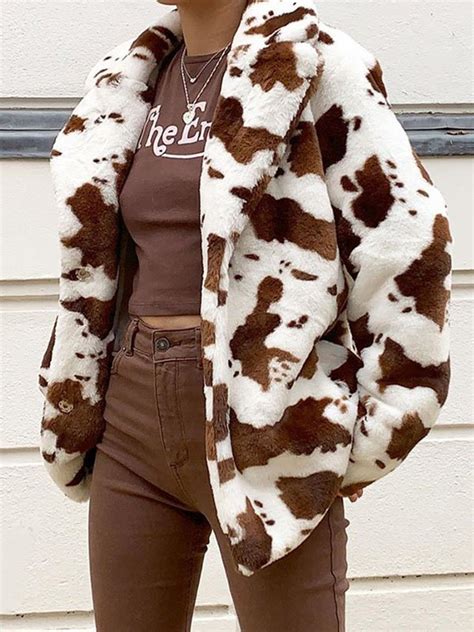 Emmiol Free Shipping 2023 Cow Print Faux Fur Jacket Brown M In Jackets