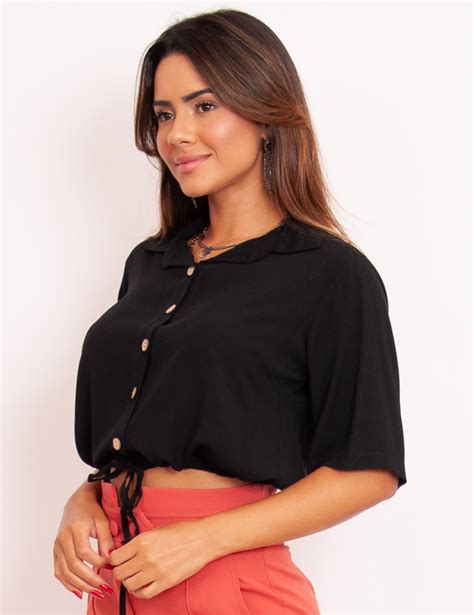 Camisa Cropped Botões Preto Nossa Loja