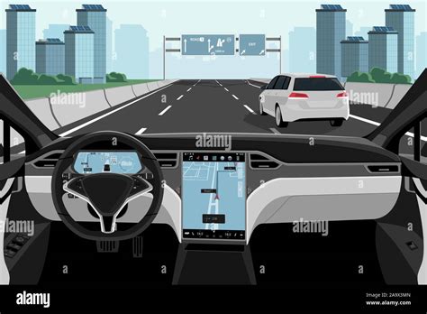 Self Driving Car On A Road Autonomous Vehicle Inside View Vector