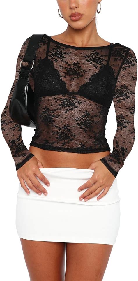 Womens Sheer Lace Crop Tops Long Sleeve Low Back Floral