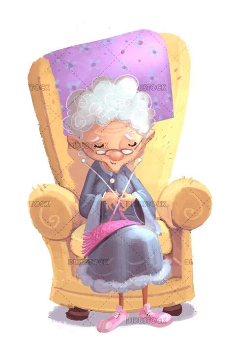 Old Woman Sewing Cartoon Grandma Illustration Character Design