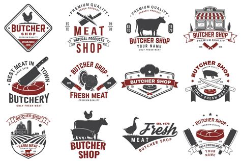 Set Of Butcher Shop Badge Or Label With Cow Beef Chicken Vector