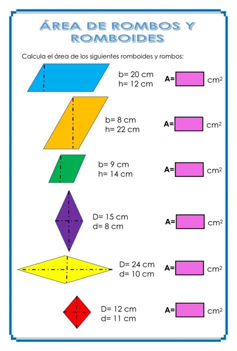Ejercicio de Área de rombos y romboides Actividades de matematicas