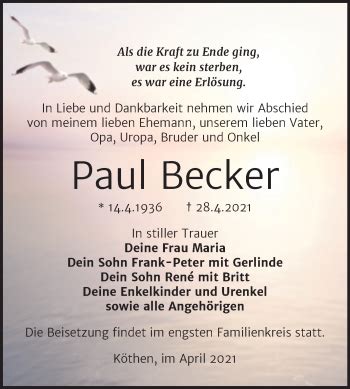 Traueranzeigen Von Paul Becker Abschied Nehmen De