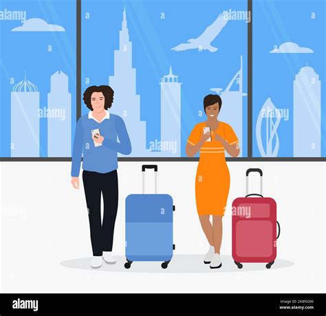 Vector Illustration Man Woman With Suitcases Use Cell Phones Tourist