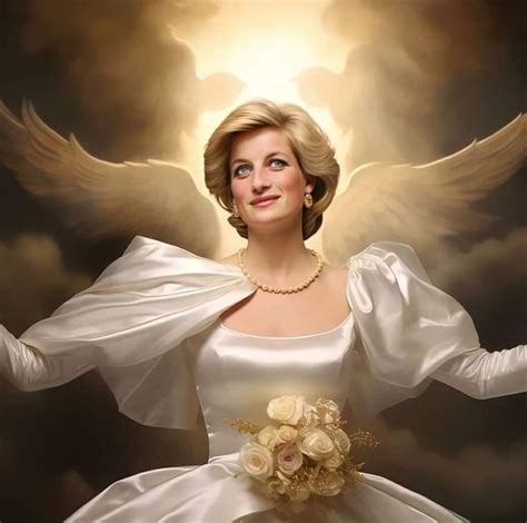 A Woman In A White Dress With An Angel Wings Above Her Head And Flowers