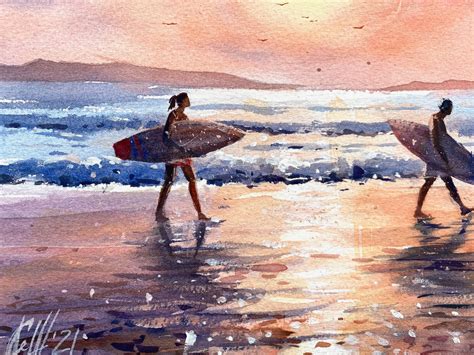 Surfing Painting Watercolor Seascape Original Art California Etsy