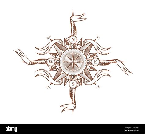 Vintage Wind Rose Medieval Compass With Ribbons Sailing Or Pirate Map Vector Marine Symbol