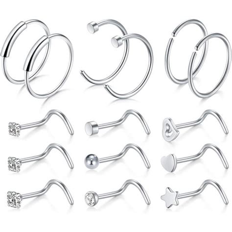 12 Pièces 20G Acier Chirurgical Piercing Nez Anneaux Stud Femme Homme