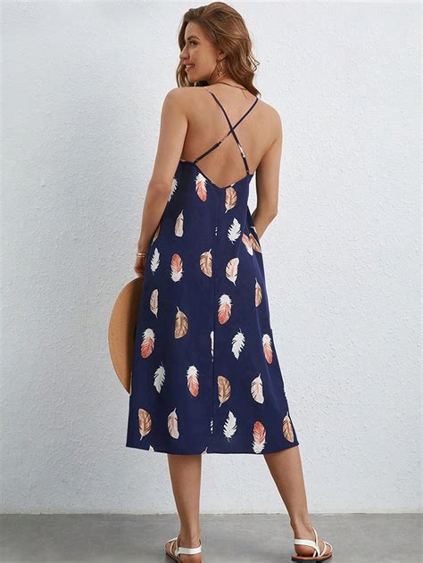 Shein Frenchy Feather Print Criss Cross Backless Cami Dress Shein Usa