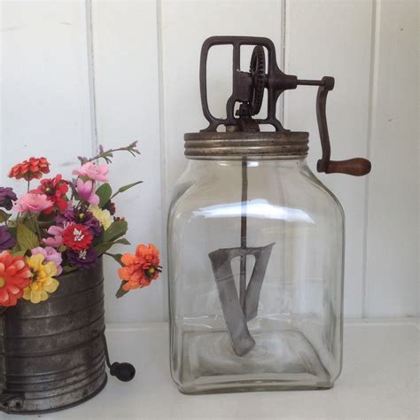 Antique 8 Qt Glass Butter Churn W Metal Paddle Country Decor