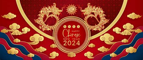 Happy Chinese New Year 2024 Dragon Gold Zodiac Sign On Red Background