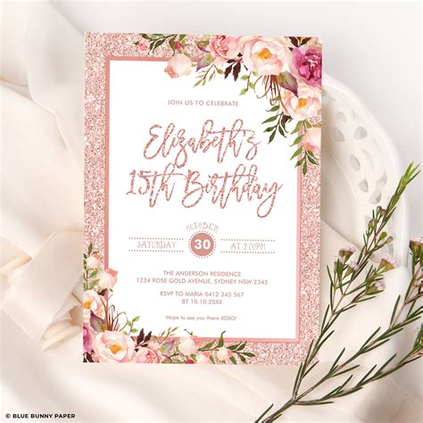 Rose Gold Birthday Invitation Template Blush Floral Etsy